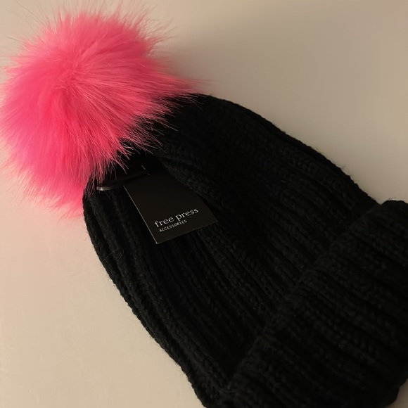 Black with neon pink puff ball beanie